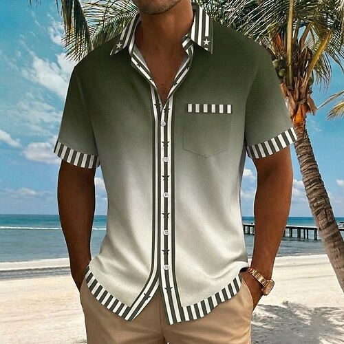 Herren Geometrisch Gestreift Farbverlauf Hemd Sommerhemd Knopfhemd Kurzarm Modisch lässig Täglich Strandurlaub Sommer Umlegekragen 3D-Druck Eine Tasche vorne Leinenähnliches Hemd Blau Wein Rote Grün