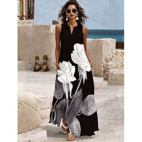 Damen Maxikleid Sommerkleid A Linie Kleid Urlaub Lässig Boho Täglich Ferien Lässiger Schnitt Grafik Stammes Feder Ärmellos V Ausschnitt Neckholder Blau Schwarz Weiß Hell Rot Sommer Frühling Image