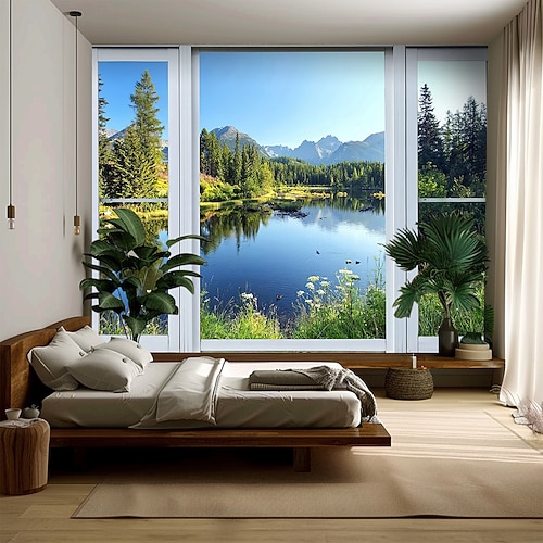 3D-Wandteppich mit Naturmotiv: Fensterblick, schneebedeckter Bergsee, Spiegelung – eine ruhige Landschaftsdekoration für Schlafzimmer, Wohnzimmer oder Büro. Image