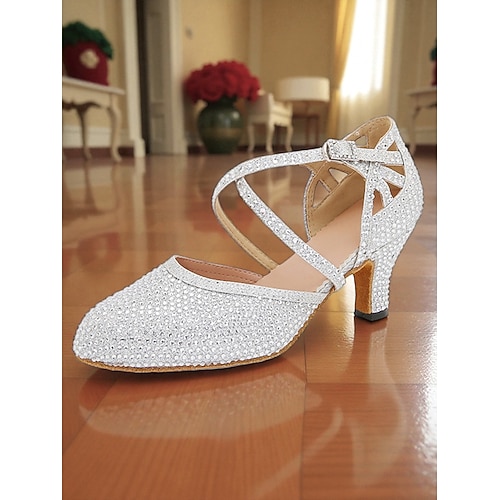 Professionelle lateinamerikanische Tanzschuhe für Damen in Silberglitzer – gekreuzte Riemchenschuhe für Salsa, Tango, Walzer und Tanzwettbewerbe Image