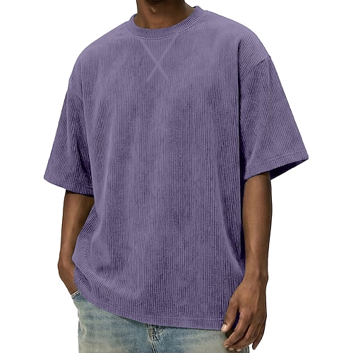 Herren T Shirt Cordhemd T-Shirt Kurzarm Rundhalsausschnitt Sommer Frühling Ganzjahres Einfarbig Gestreift Grubenstreifen Mode Basic Lässig Weich Kord Lässig Urlaub Straße Hellblau Schwarz Weiß Top Image