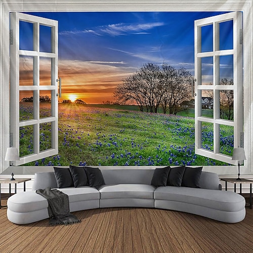 3D-Wandteppich mit Naturfensterblick, Wasserfall, Waldlandschaft, ruhiger Dschungel, ästhetische Wanddekoration für Wohnzimmer und Schlafzimmer Image