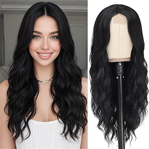 Lange, braun-blonde Perücke mit Highlights für Damen, natürlich aussehend, gewellt und lockig, aus Kunsthaar, verfilzungsfrei, hitzebeständig und angenehm zu tragen – perfekt für den Alltag. Image
