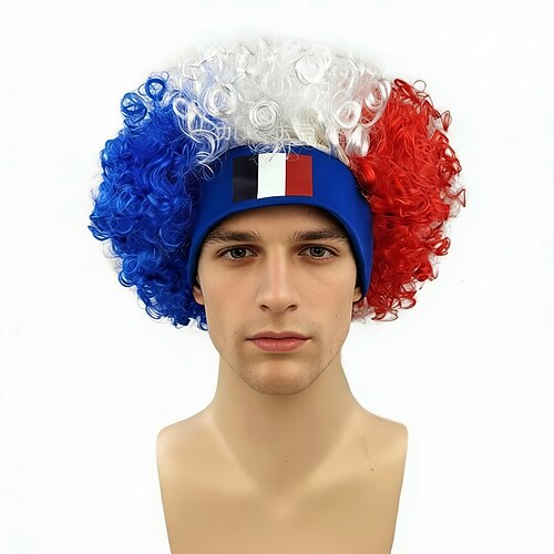 Afro-Perücke mit mehrfarbigen Länderflaggen und passendem Stirnband – farbenfrohes Locken-Accessoire zum Anfeuern von Sportfans Image