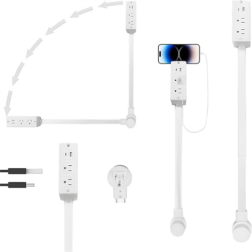 Flachstecker-Verlängerungskabel mit USB-C-Anschluss, Steckdosenleiste mit schwenkbarem Arm für die Montage hinter Möbeln, ultradünne Ladestation mit 3 AC-Steckdosen USB-Anschlüsse, schlankes Kabel Image
