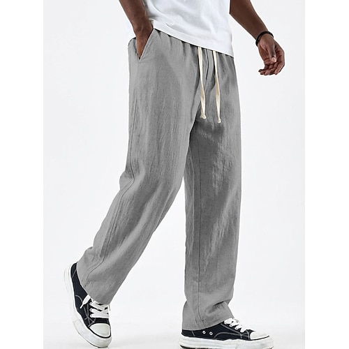 Herren Leinenhosen Hose Sommerhose Baggy-Hosen Tasche Elastischer Bund Gerader Schnitt Einfarbig Bequem Atmungsaktiv Volle Länge Lässig Täglich Ferien Urlaub Mode Blau Schwarz Unelastisch