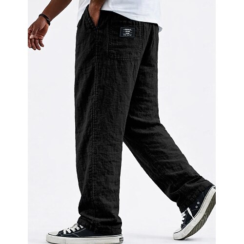 Herren Leinenhosen Hose Sommerhose Baggy-Hosen Strandhose Kordelzug Tasche Elastischer Bund Einfach Komfort Atmungsaktiv Volle Länge Lässig Täglich Ferien Urlaub Mode Blau Schwarz Unelastisch Image