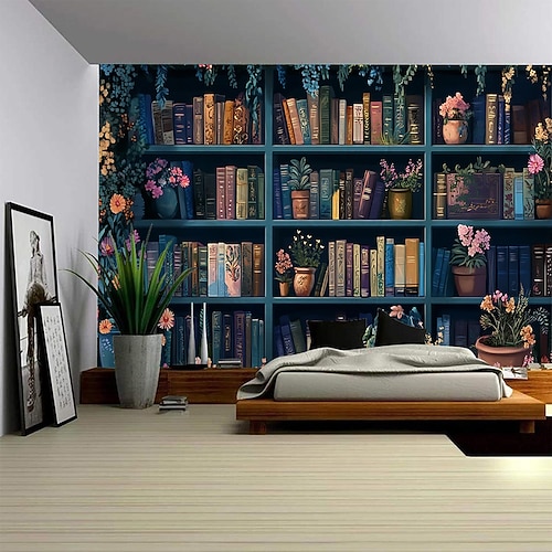 Modernes Bücherregalmuster, Landschafts-Wandteppich, Digitaldruck, malerischer Wandbehang für Schlafzimmer, Wohnzimmer, Studentenwohnheim, Heimdekoration, Fotohintergrund Image