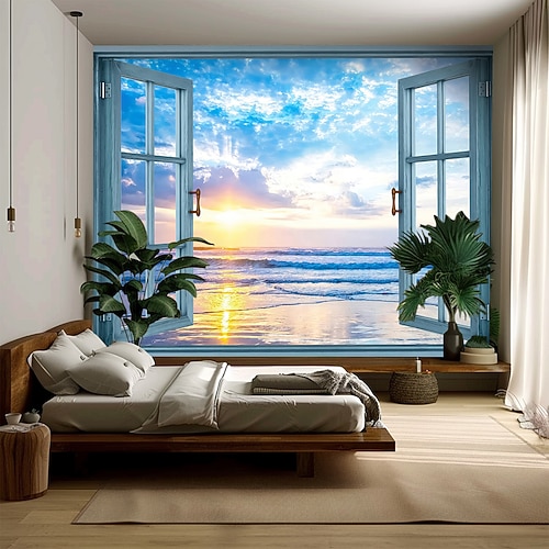 3D-Wandteppich mit tropischem Strandblick, Meeresparadies, Palmen, Sandküste, ästhetischer Raumdekoration, Schlafzimmerkunst, Wandbild-Hintergrund Image
