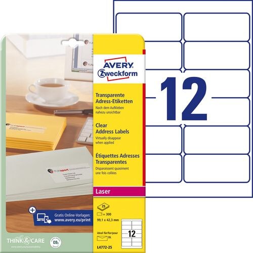 AVERY Zweckform Abziehhilfe QuickPEEL Wasserabweisend Selbsthaftend Adressetiketten L4772-25 Selbsthaftend DIN A4 Transparent 99,1 x 42,3 mm 25 Blatt Image