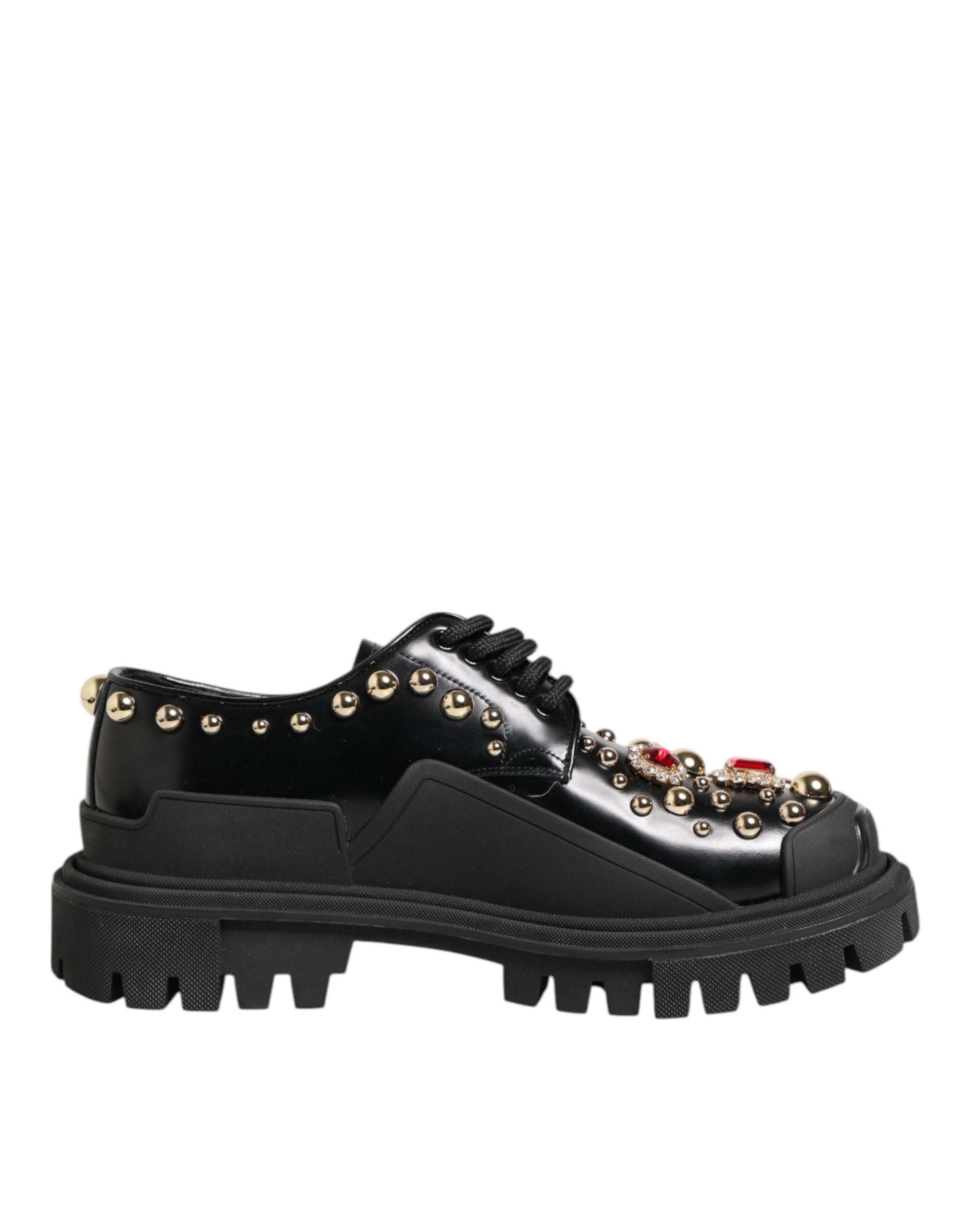 Dolce & Gabbana Schwarze Leder Derby-Schuhe mit verzierten Kristallen