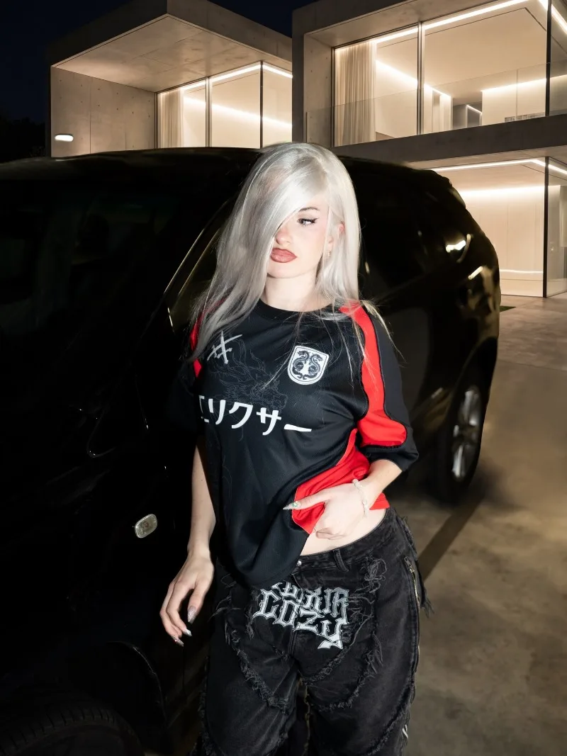 Modisches Gothic-T-Shirt im mechanischen Stil mit gesticktem Buchstabenmuster, Oversize-Schnitt, Damen, Y2K Retro, Harajuku, locker, kurzärmelig Image