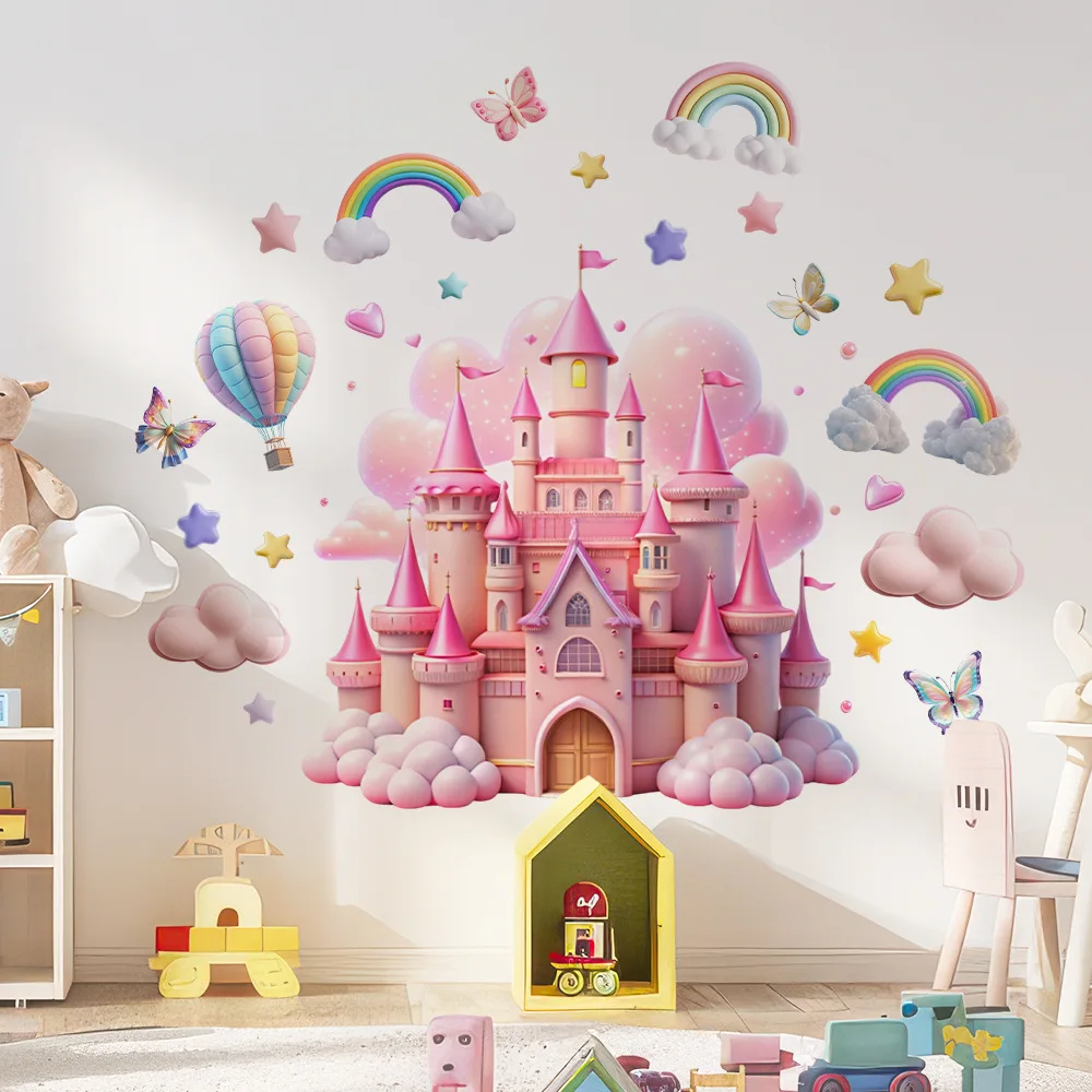 Magische Prinzessinnen-Schloss-Wandaufkleber, 3D Rosa Regenbogen-Wolken-Schmetterlinge Wandsticker, Abnehmbare Selbstklebende Kinderzimmer-Dekoration