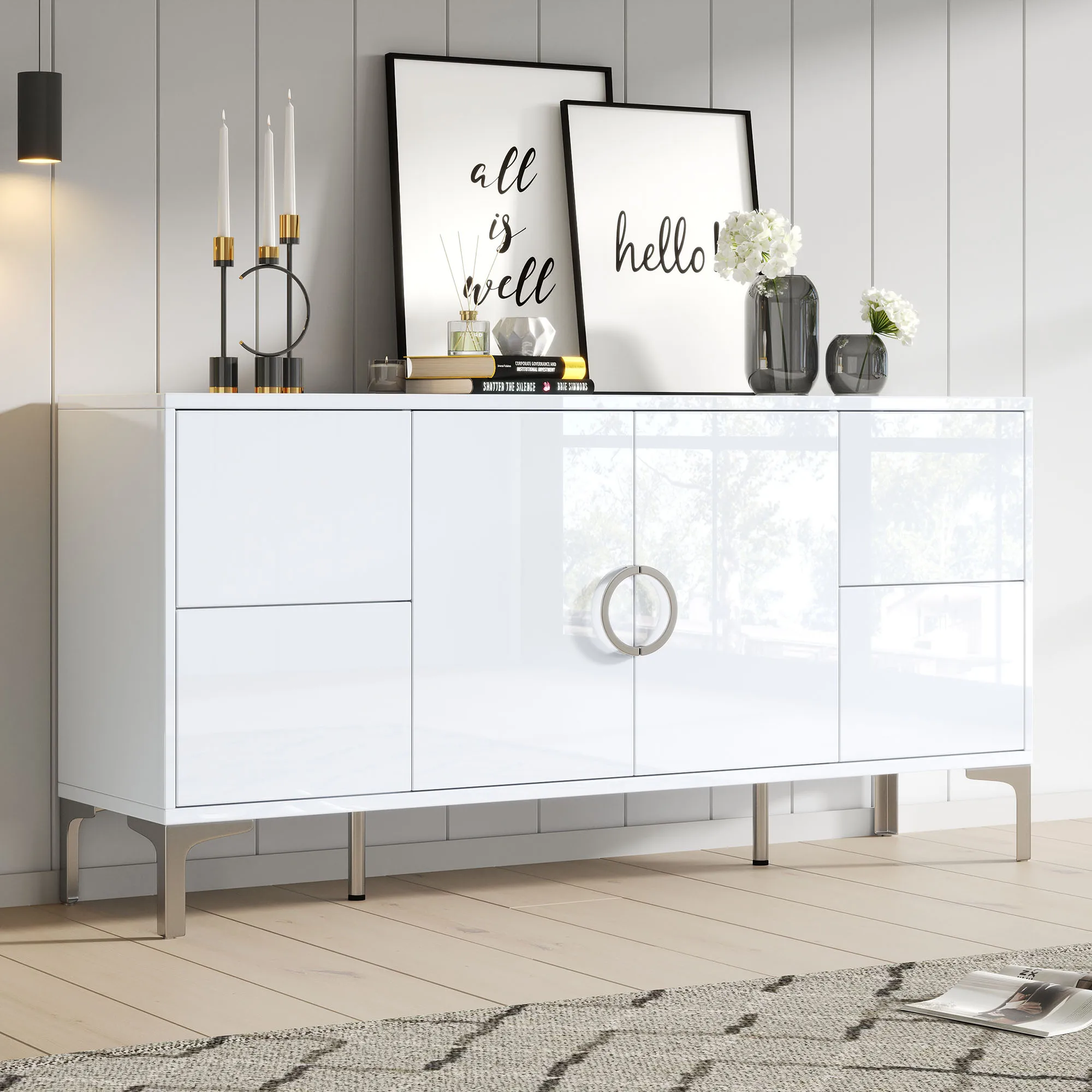 150*38*59,5 cm Sideboard, Wohnzimmerschrank mit 4 Schubladen, 2 Schranktüren, Esszimmerschrank, Hochglanz-Sideboard