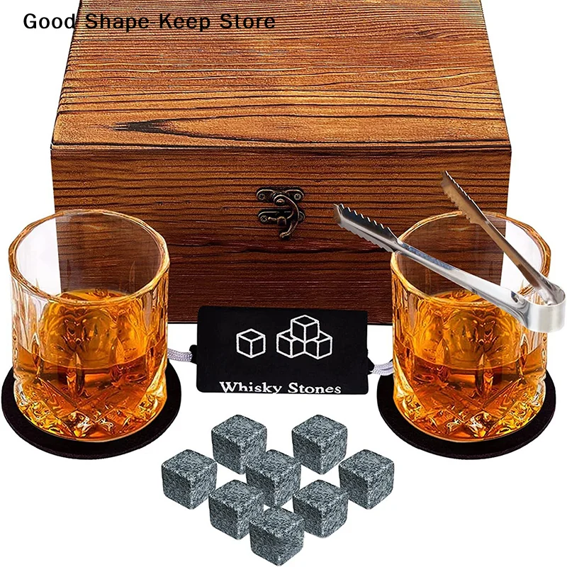 Set mit 8 Granit-Eiswürfeln + 2 Gläsern für Whisky in Holzbox, Geschenk für Papa, Vatertagsgeschenk für Männer, Whisky-Steine Image