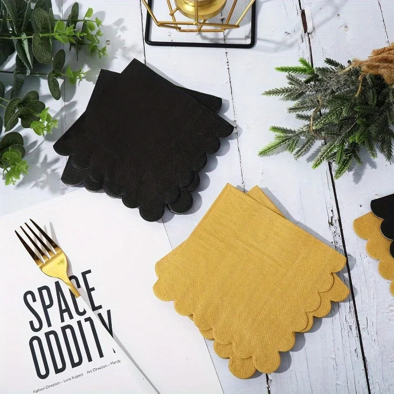 120 Stück schwarz-goldenes Cocktail-Servietten-Einwegservietten für den Hausgebrauch, Bar, Abschluss-Geburtstagsfeier-Dekorationszubehör Image