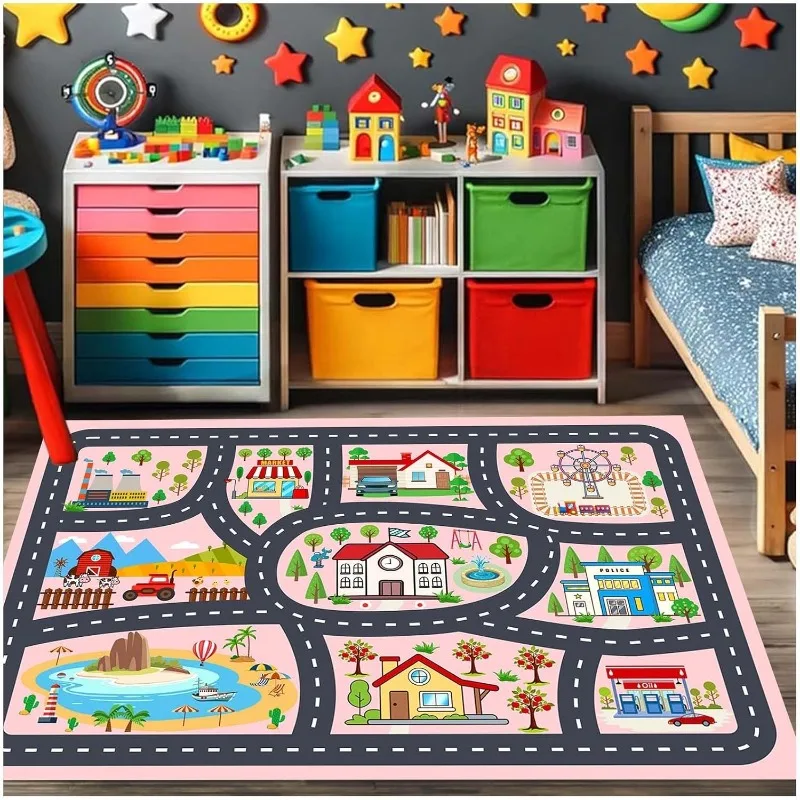 Kinder-Spielteppich mit Stadtstraßen, Lehrreiche Verkehrskarte, Multifunktionale Spielmatte mit Fabrik, Bauernhof, Polizeistation, Rutschfeste Spielzimmer-Dekoration