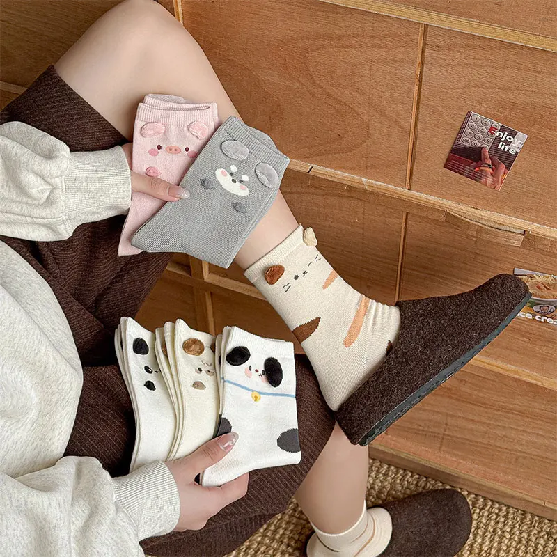 2026 Neue Mid-Season Damensocken für Herbst und Winter: Weiche, bequeme, warme, niedliche Cartoon-Tiersocken mit dreidimensionalen Ohren aus Baumwolle Image