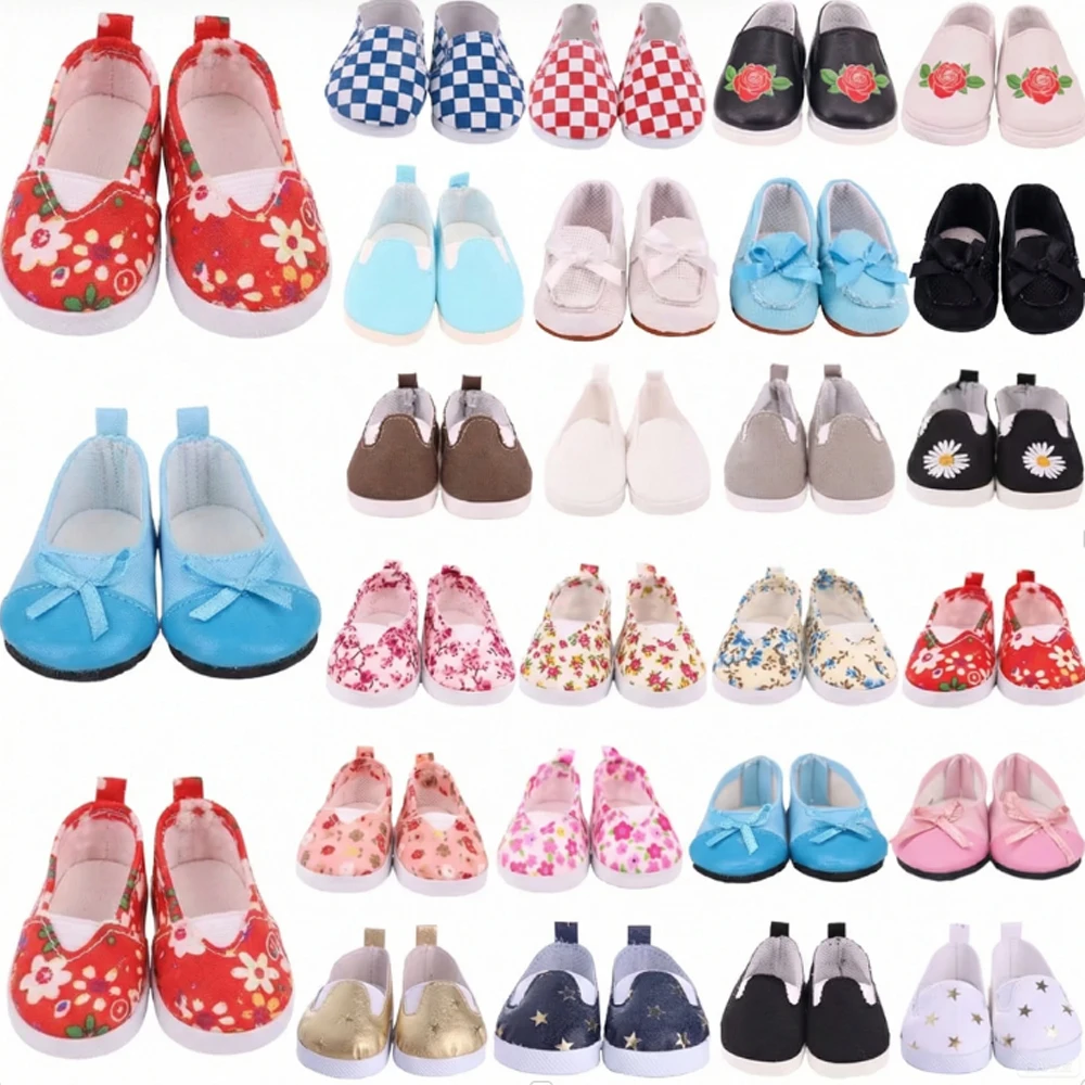 7 cm lange Puppenschuhe für 18 Zoll große amerikanische Puppen und 43 cm große Babypuppen, Kleidungszubehör, Blumen/Schleifen, Stempelschuhe aus Segeltuch, Mädchenspielzeug, Geschenke
