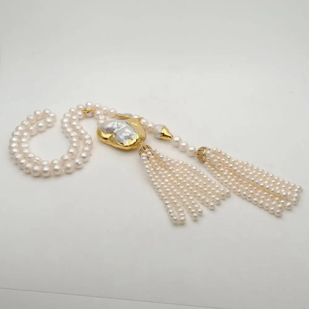 YYGEM Sweater chain 9-10mm White freshwater Pearl Necklace Big Keshi Pearl pave gold filled 4-5mm pearl tassel Image