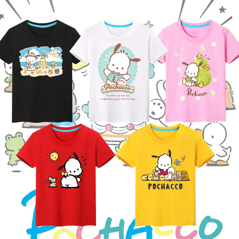 Sanrio Pochacco Parchagou Kinder-Sommer-T-Shirt aus reiner Baumwolle mit kurzen Ärmeln und Aufdruck, bequemes Oberteil mit Rundhalsausschnitt für Eltern und Kinder Image