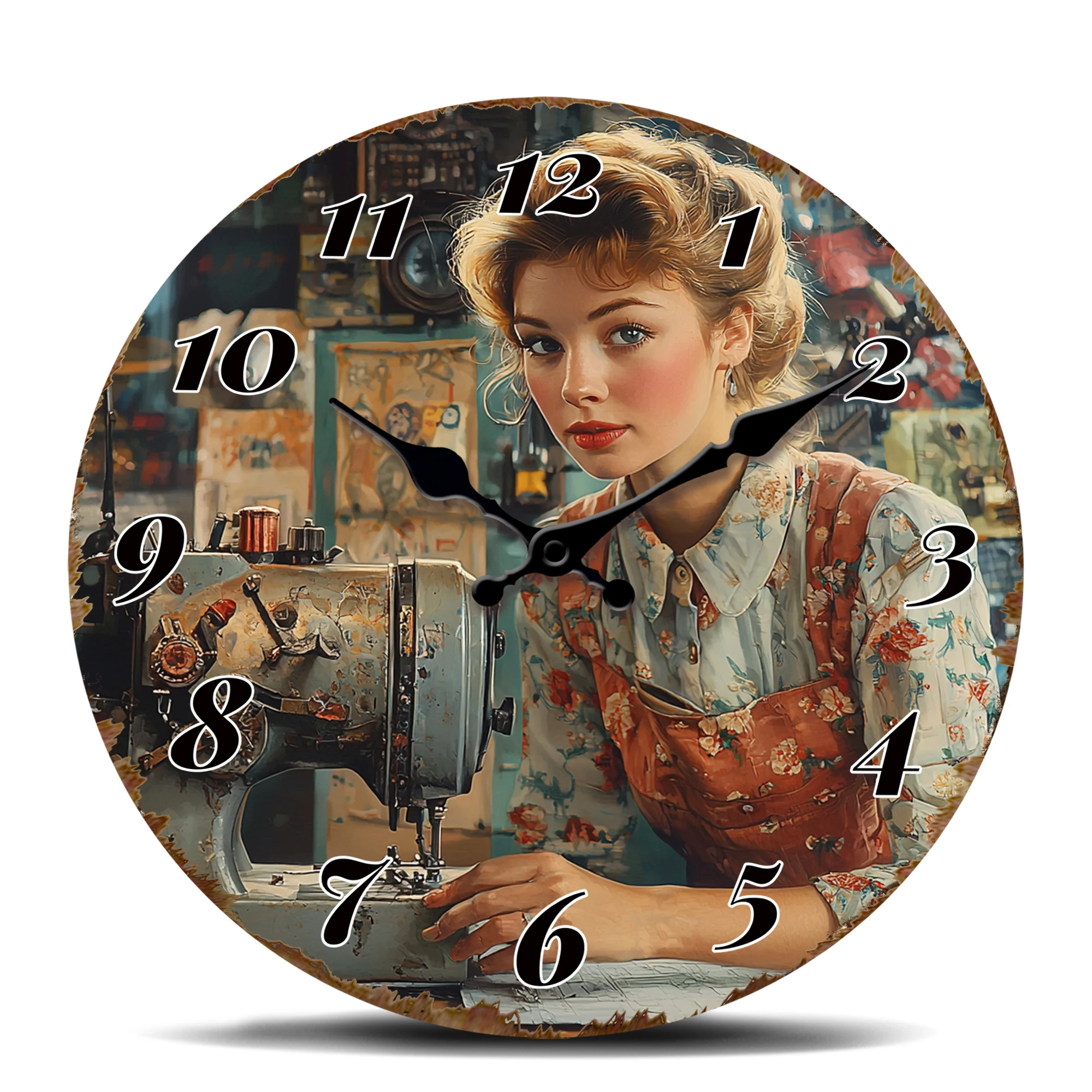 Vintage Wanduhr mit Näherin-Motiv, Retro Schneiderei-Kunstdekor-Uhr, Nostalgische Nähmaschinen-Design Wanduhr für Handwerksräume Image