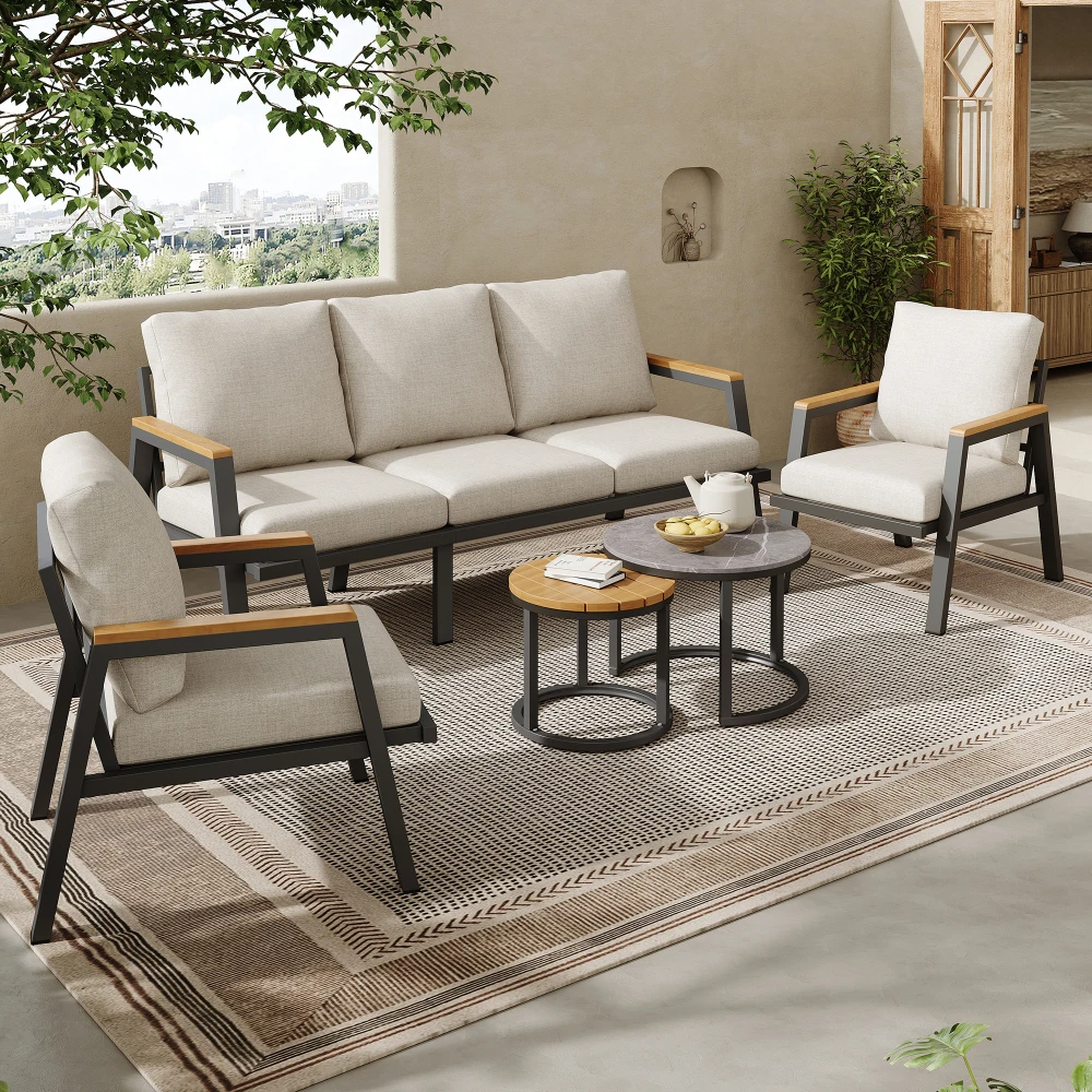 Garten-Lounge-Set, Gartenmöbel-Set mit Komfortablen Kissen, Sofa, Sesseln und Couchtischen, Marmor-Lackierte Glasplatte Image