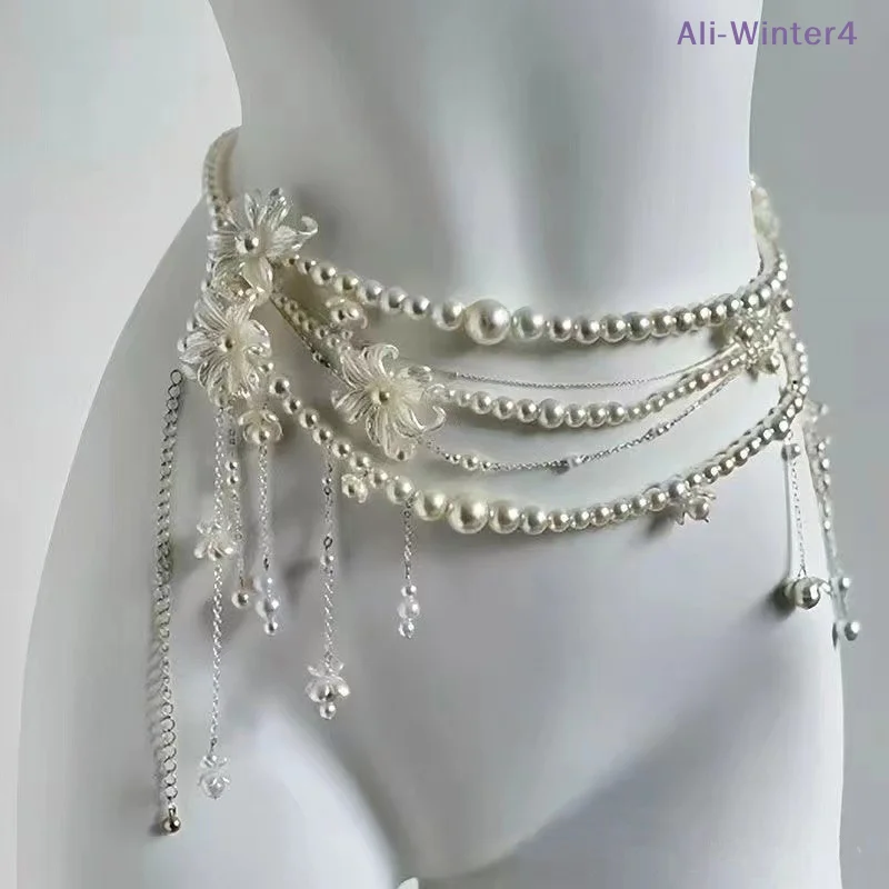 【Winter4】 Modische mehrschichtige Taillenkette mit Blumenquasten, Retro-Perlen-Taillenkette für Frauen und Mädchen, Körperkette, Kleidung, Geschenke Image