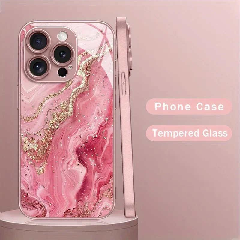Rosa Gold Marmor Metallic Lack Gehärtetes Glas Harte Handyhülle für iPhone 17 15 16 11 12 13 14 Pro Max Plus 16E 17Air Cover Image