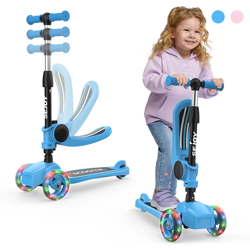 SEJOY Kinderroller für Kinder im Alter von 3–10 Jahren – Ein-Klick-Faltmechanismus mit 3 leuchtenden Rädern und verstellbarer Höhe, Kinder-Tretroller Image