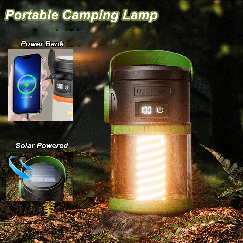 Tragbare Campinglampe, 5-in-1-Modi, Laternen, Solar-Notbeleuchtung für den Außenbereich, wasserdicht, Solar- und USB-Aufladung für Campingzelt