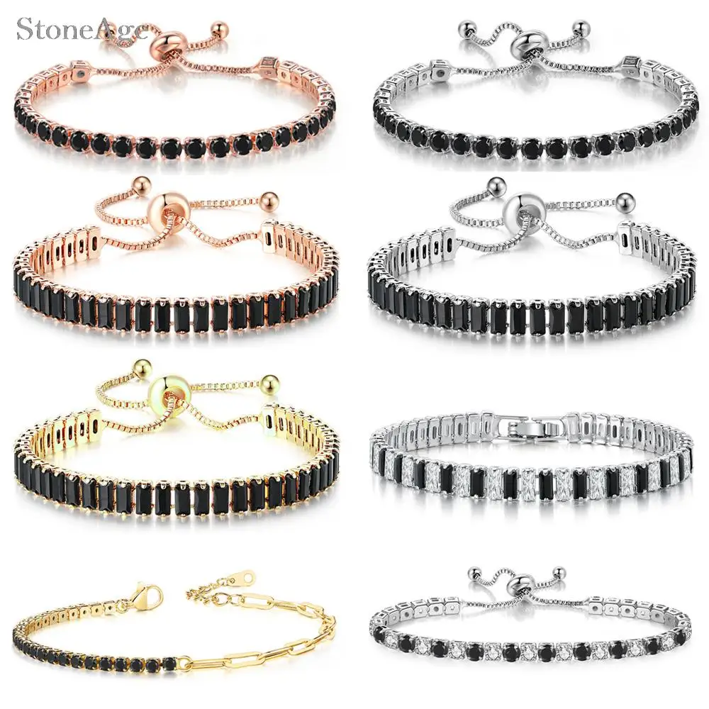 Steampunk schwarz Kristall Tennis Armband für Männer Frauen verstellbare Zirkonia Armreif Kette auf der Hand Hip Hop Hippie Punk Geschenke Schmuck