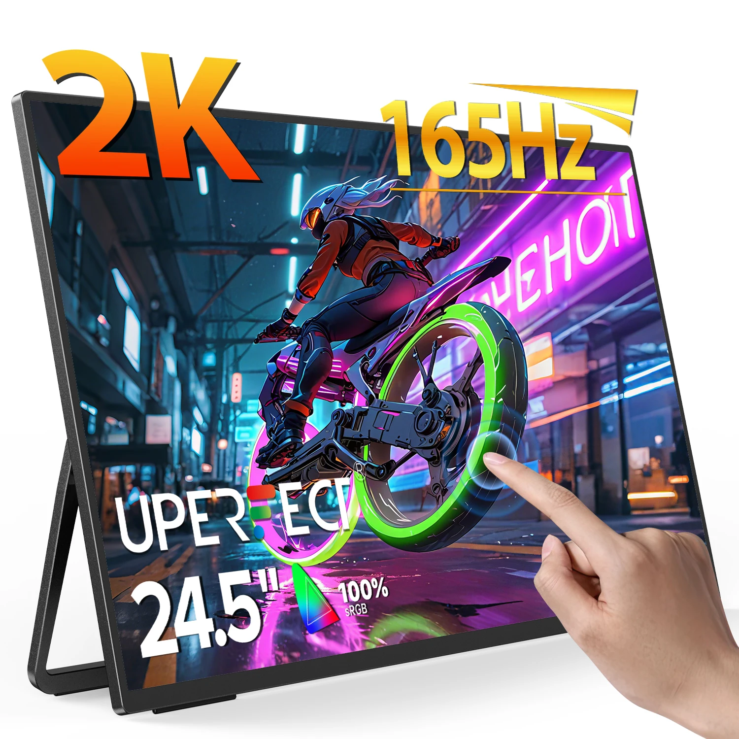 UPERFECT 24.5" 2K moniteur portable écran tactile, 165Hz moniteur de jeu FreeSync 0.1ms rapide IPS grand écran, intégré 180 ° réglable stand / VESA, USB-C HDMI deuxième écran pour ordinateur portable,