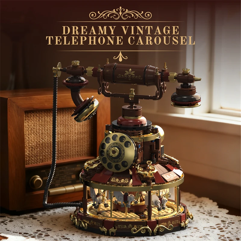Vintage Telephone Building Blocks Collage of Old Style Phone and Carousel Home collection ornaments Assembled toys birthday gift