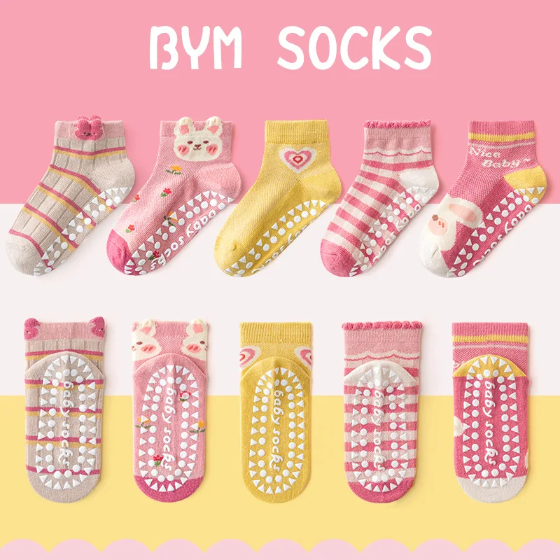 5 Paar Baby-Socken für Mädchen, 1–10 Jahre, weiche Cartoon-Baumwolle, rutschfeste Socken für Kinder, Mädchen, Netz-Anti-Rutsch-Socken, Indoor-Bodensocken Image