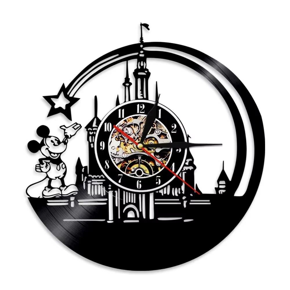 Mickey Mouse Castle Vinyl-Schallplatten-Wanduhr, Retro-Cartoon-Kunst-Dekoration, geräuschlose, nicht tickende Uhr für Kinderzimmer, Kinderzimmer, Geburtstagsgeschenk