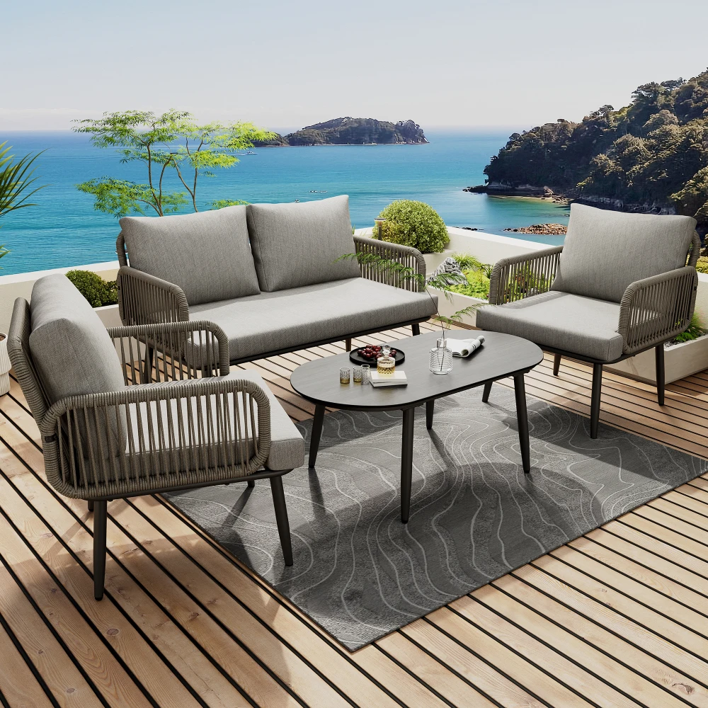 Garten-Lounge-Set mit Komfortablen Kissen, 2-Sitzer-Sofa, 2 Sesseln und Kaffeetisch, Holzfäller-Stil Glasplatte Image