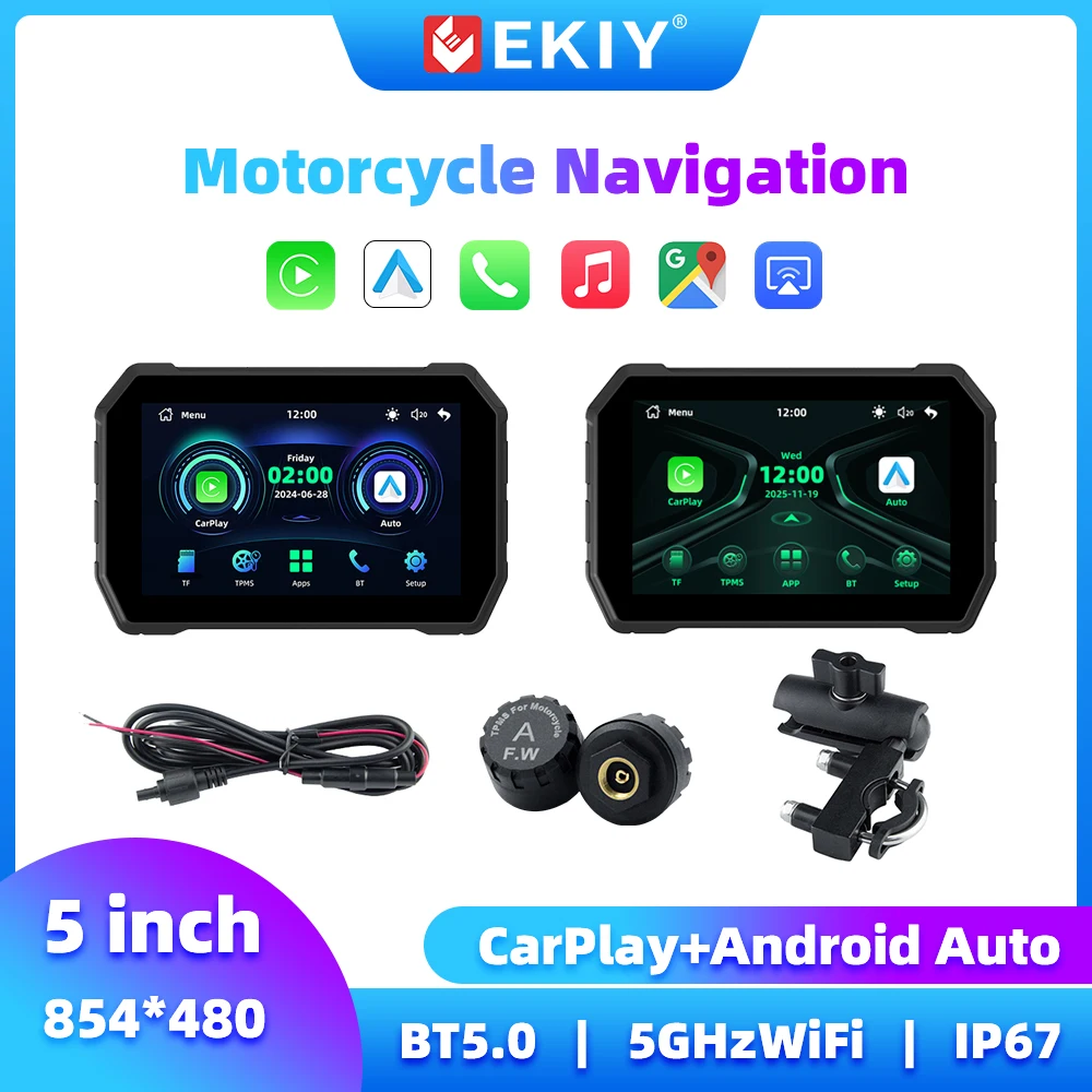 EKIY 5-Zoll-Motorrad-Carplay, kabelloses Carplay, Android Auto, Motorrad-Navigation, GPS-Display, Monitor, Motorrad-GPS-Bildschirm