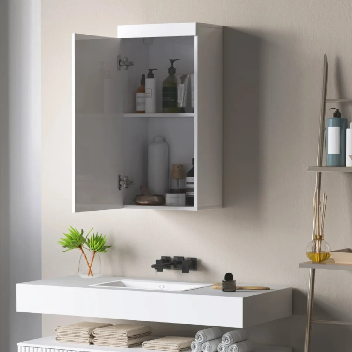 Wandschrank mit Tür, Küchenschrank mit 2 Regalen, wandmontierter Medizinschrank, 37,2 x 24,5 x 76,8 cm