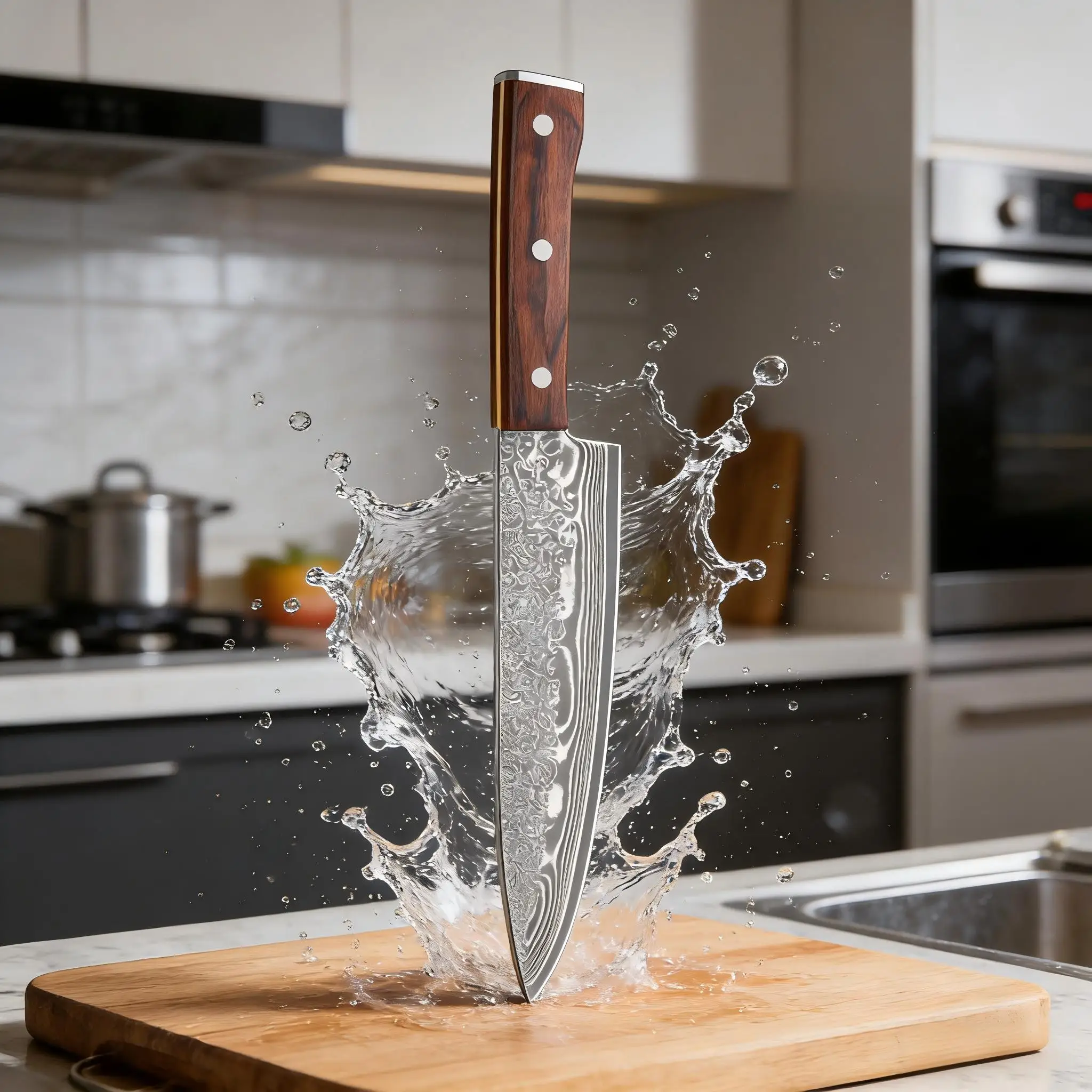 SAEIV Kochmesser, Damaszener Stahl, rostfreier Schutz, scharfe Schneidkante, Holzgriff, ergonomisch geformt Image