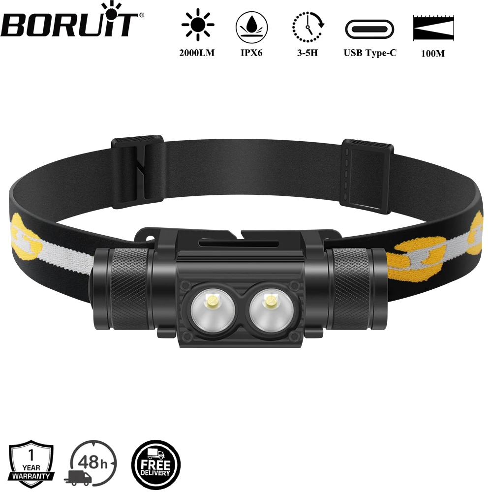 BORUiT D25 Dual-LED-Stirnlampe, 2000 lm, leistungsstarker Scheinwerfer, Typ C, wiederaufladbar, 18650 Stirnlampe, wasserdicht, Camping-Angellaterne Image