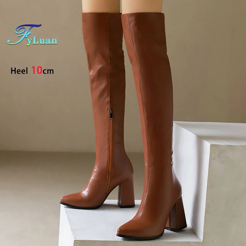 Spitz Frauen Overknee Stiefel Komfort Blockabsatz 10CM Club Party Schuhe Herbst Winter Frau Oberschenkel Hohe Stiefel Größe 34-50