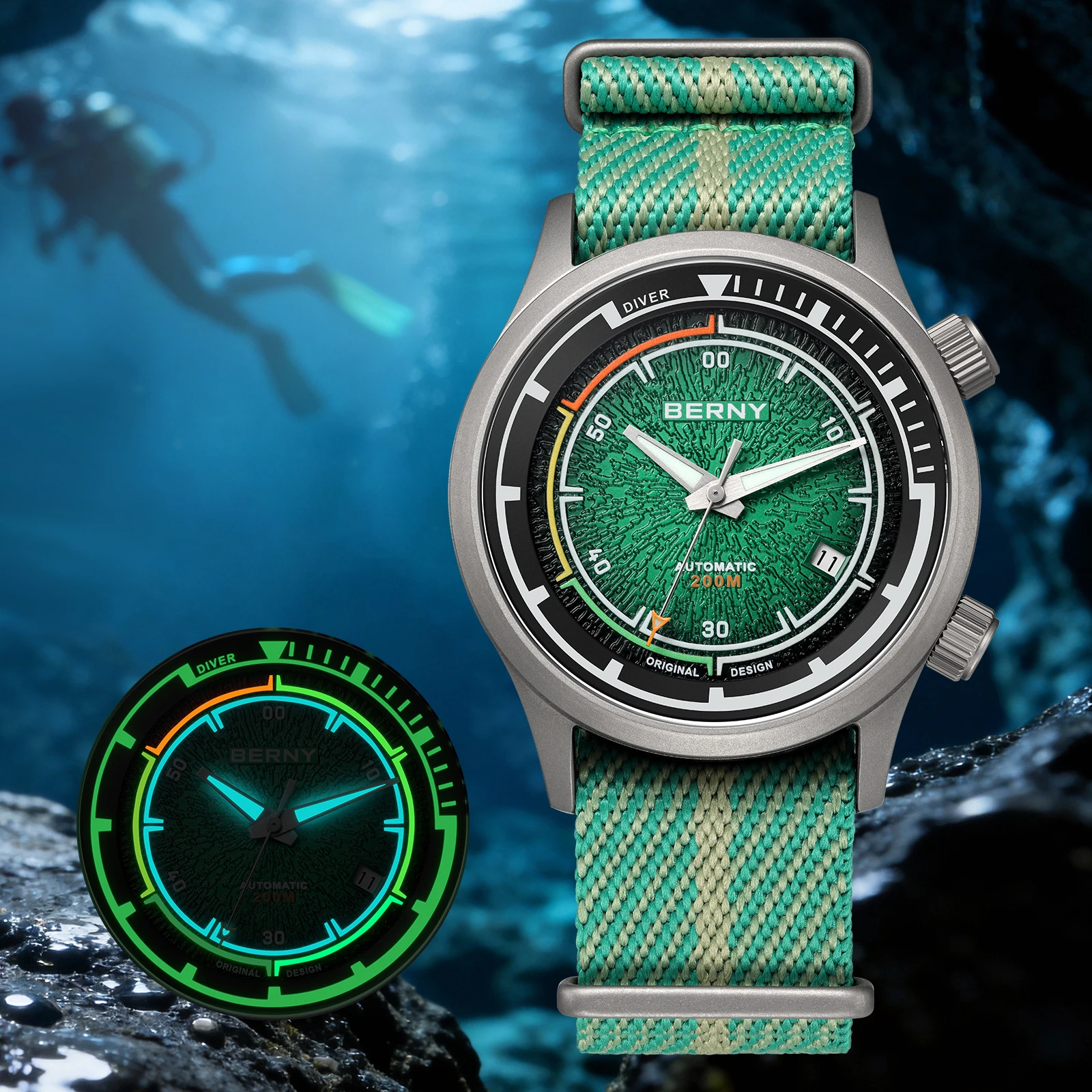 BERNY Herren-Taucheruhren, Titan, automatisch, mechanisch, superleuchtend, Herren-Taucheruhr, Saphirglas, 200 m wasserdicht, Sporttauchen Image