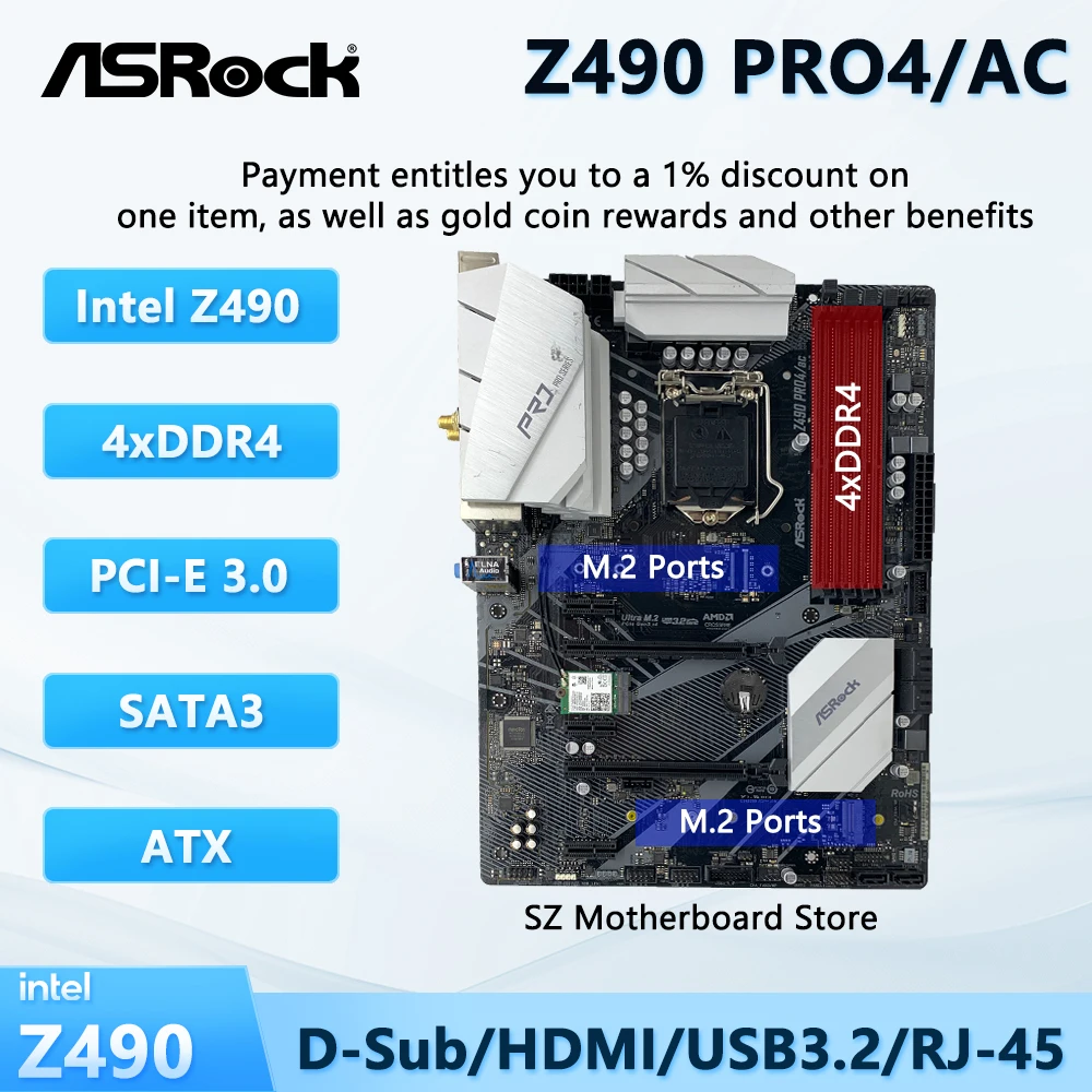 ASROCK Z490 PRO4/AC LGA 1200 Motherboard Z490 Placa Diego CPU-Unterstützung i9-10900K i7-10700K i5-11400F i5-10600KF DDR4 Ultra M.2 ATX Image