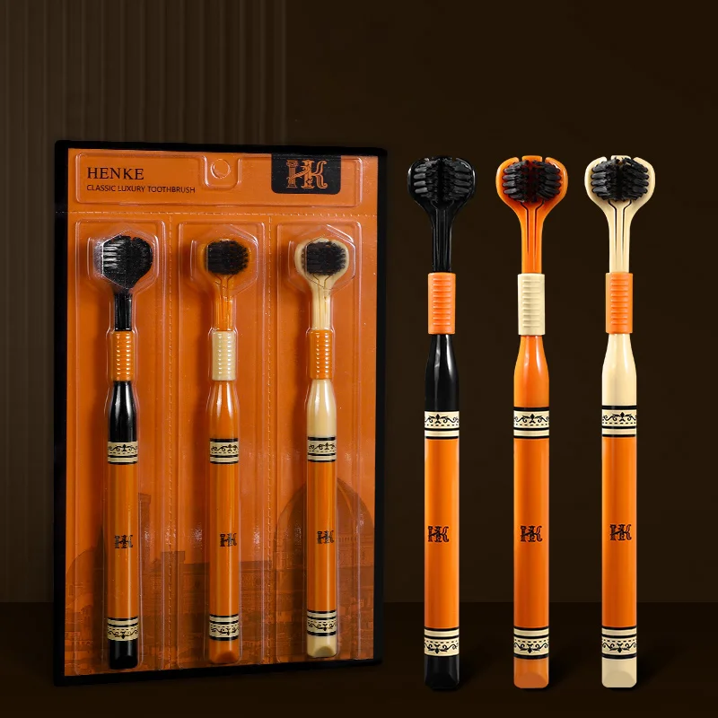 3 Teile/satz Orange Dreifach Kopf Zahnbürste Ultra Feine Weiche Borsten Für Erwachsene Tägliche Home Care Reise Tragbare Kit Image