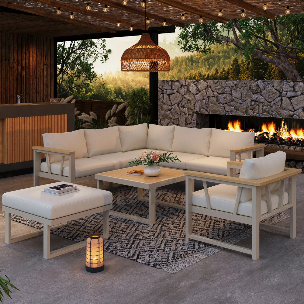 7-Sitzer Eck-Gartenmöbel-Set, Outdoor-Terrassen-Lounge-Sofa mit Kunststoff-Holz-Akzenten und Verzinktem Stahlrahmen, Kaffeetisch