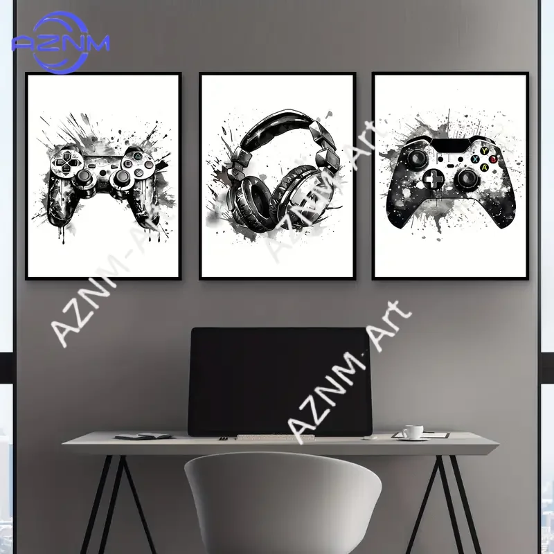 3-teiliges Set Gaming Graffiti Gamepad Kopfhörer Lustige Wandkunst Leinwand Poster Gamer-Zimmer Wanddekoration Drucke Moderne Wohnzimmer Poster