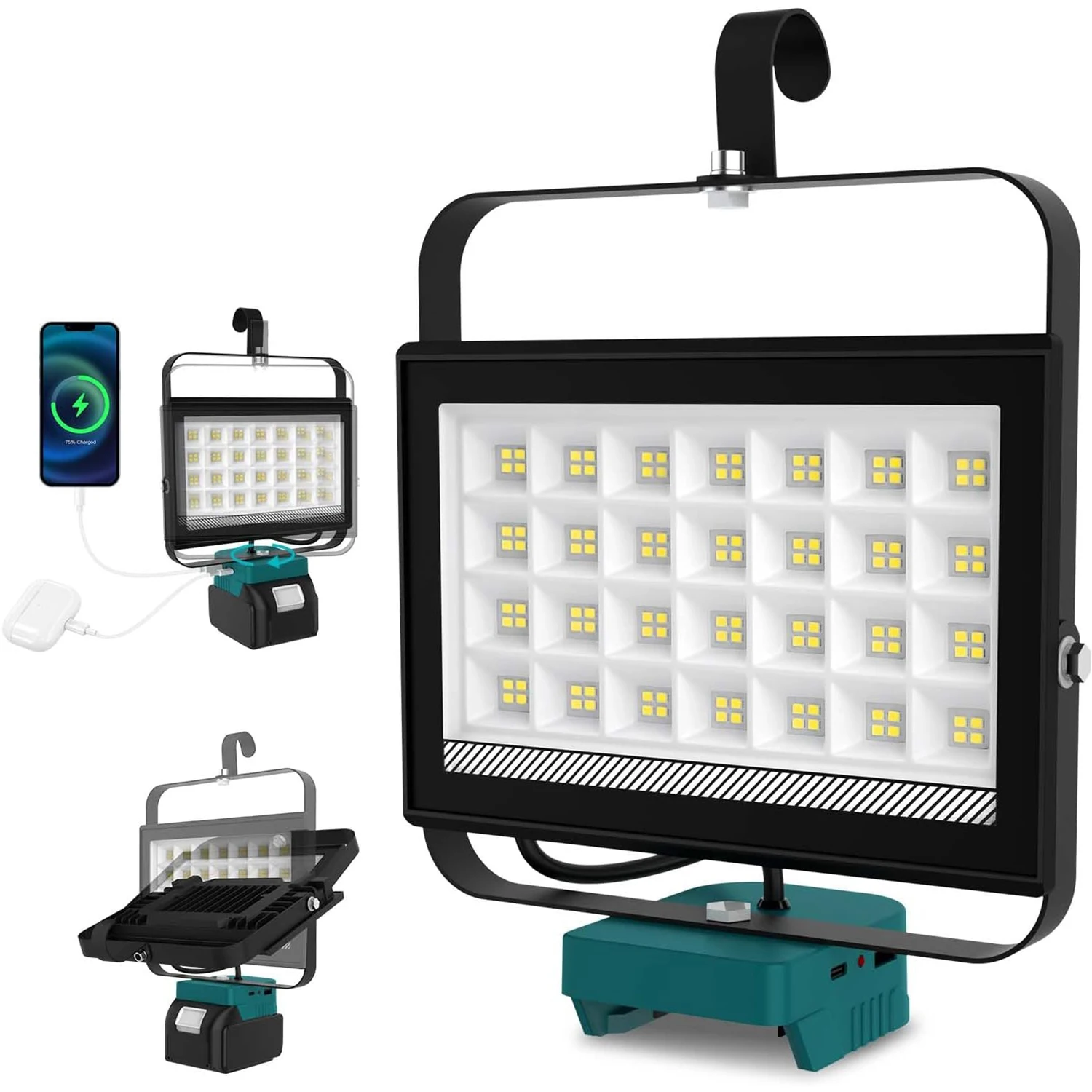 6000K Tragbare 100W 112LEDs Arbeitsleuchte mit Haken Handgehaltene Notfall-Campinglampe Wiederaufladbare Flutlichtleuchte für Makita