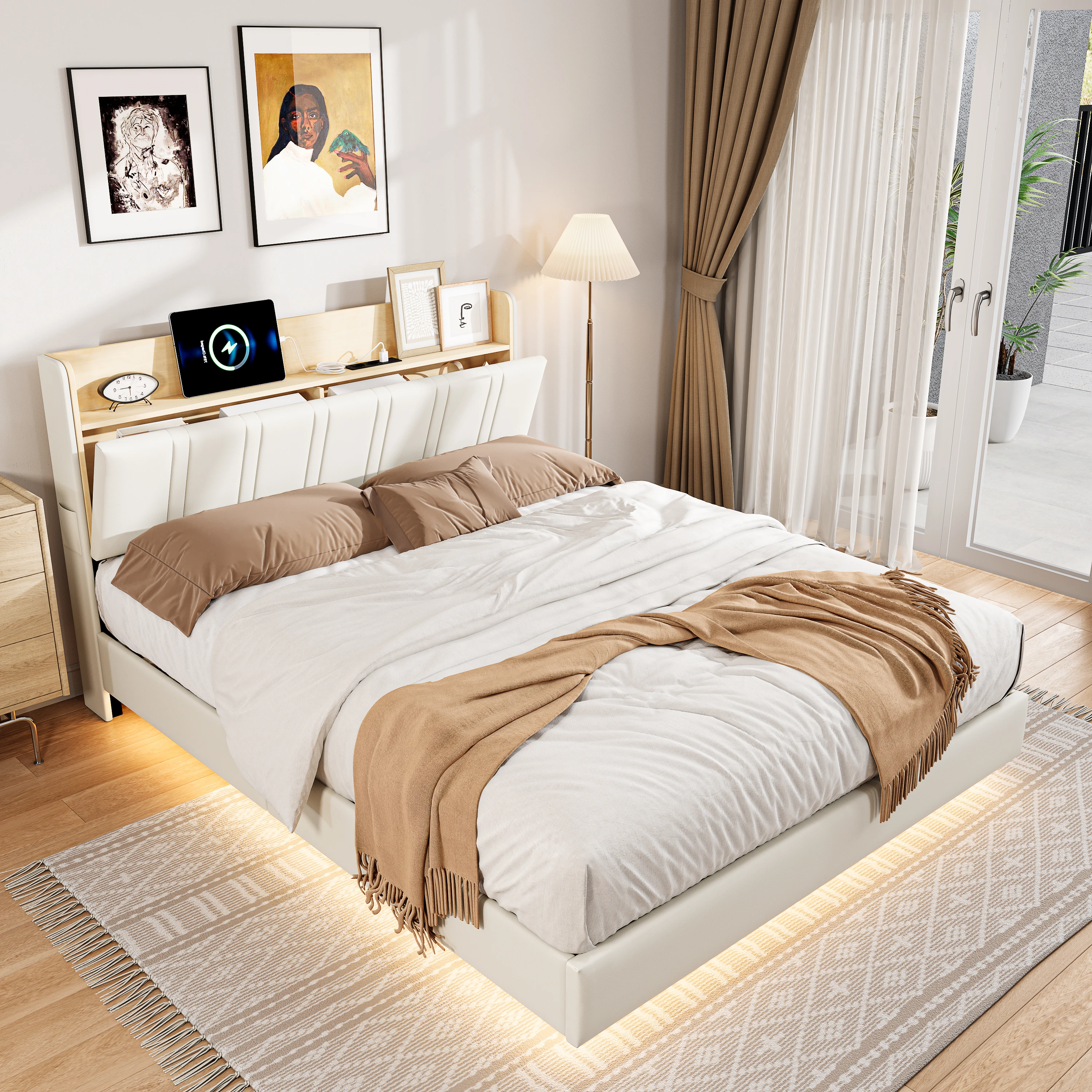 Anajqaqia 140×190/200 cm gepolstertes Doppelbett, LED-Lichtleiste, Kopfteil mit Stauraum und USB-Ladeanschluss, PU, Weiß Image