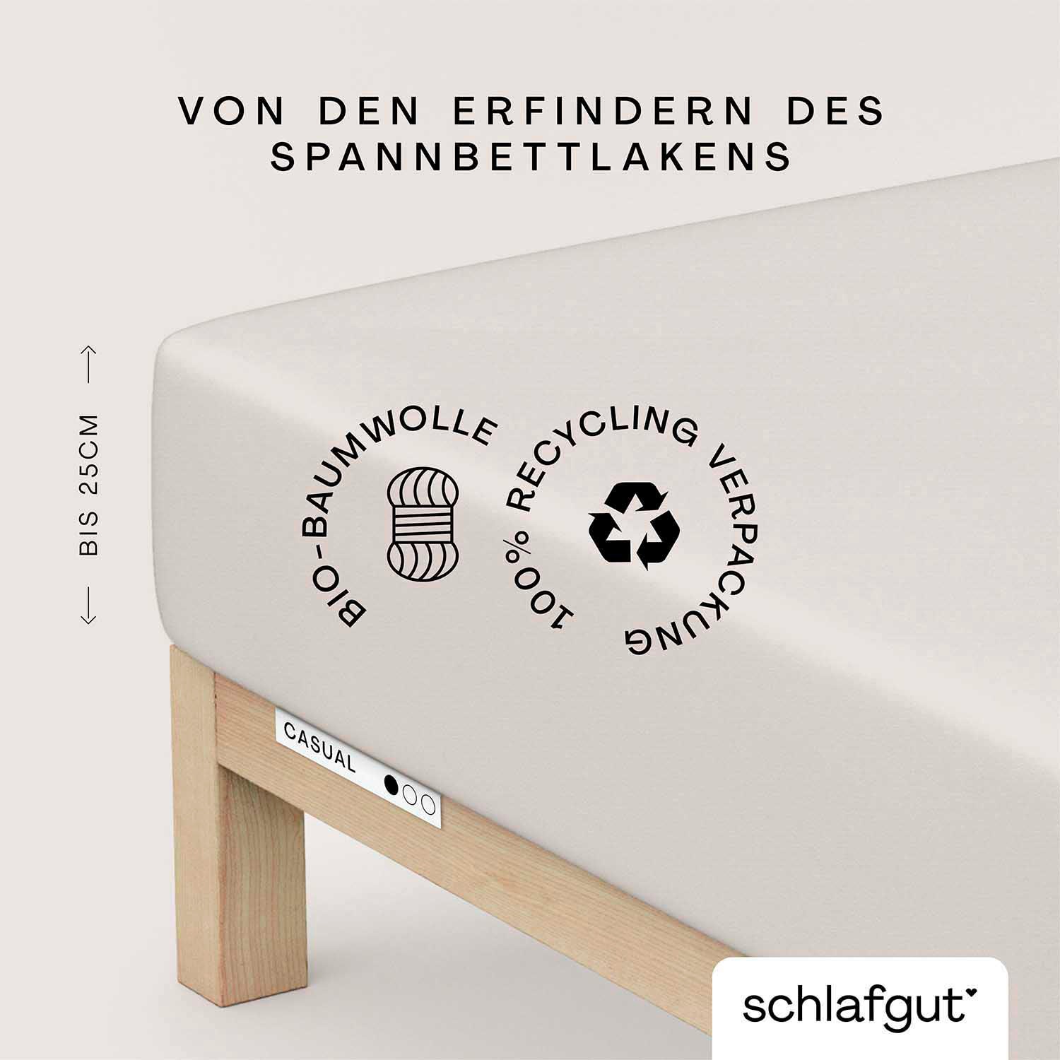 Spannbettlaken SCHLAFGUT "CASUAL Bettlaken 100% gekämmte Bio-Baumwolle, 150 g/m², Spannbetttuch", beige (sand light), L:200cm, Jersey, Obermaterial: 100% Baumwolle, Bettlaken, Spannbettlaken, Bettlaken bis 25 cm Höhe, langlebig, weich,... Image